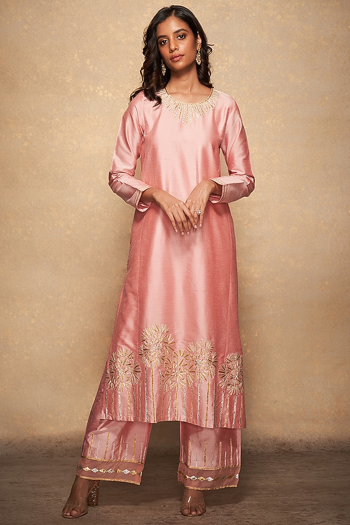 Pink Pure Chanderi Silk Embroidered A-Line Kurta by Gulabo By Abu Sandeep at Pernia's Pop Up Shop