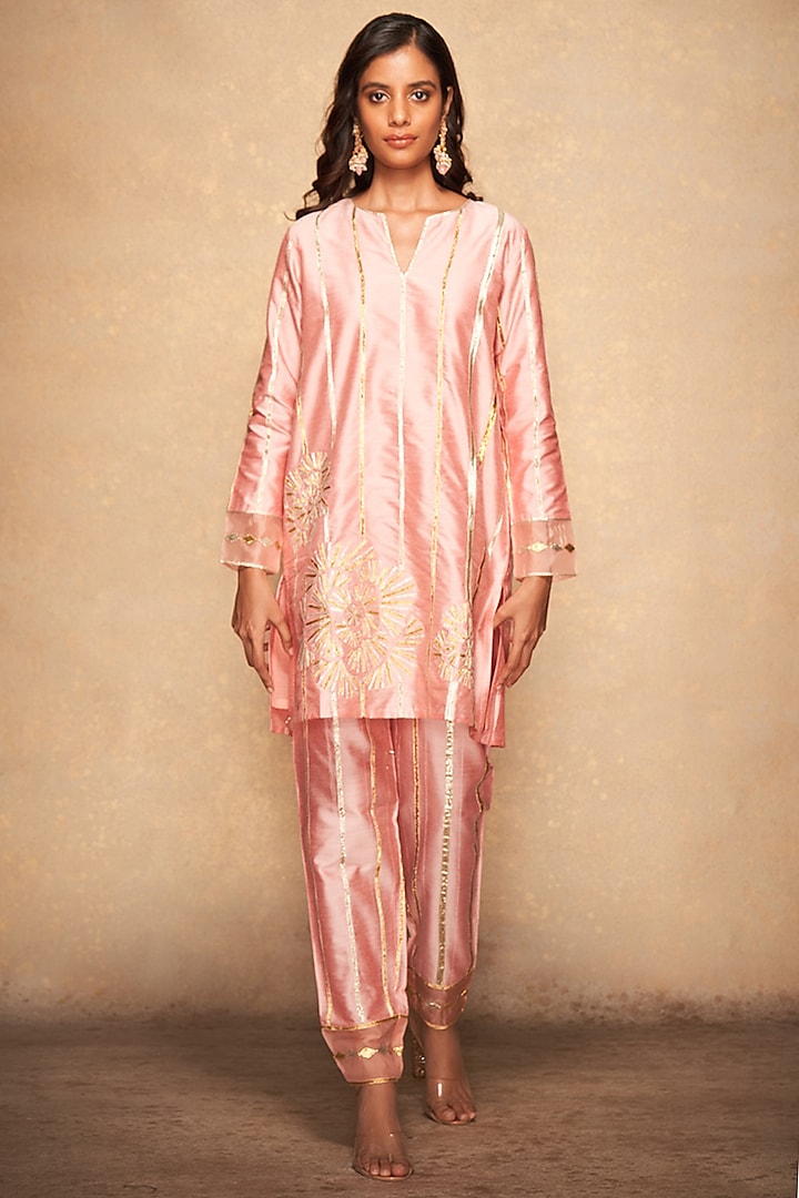 Pink Pure Chanderi Silk Embroidered Pencil Pants by Gulabo By Abu Sandeep