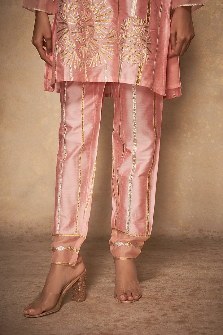 Pink Pure Chanderi Silk Embroidered Pencil Pants by Gulabo By Abu Sandeep at Pernia's Pop Up Shop