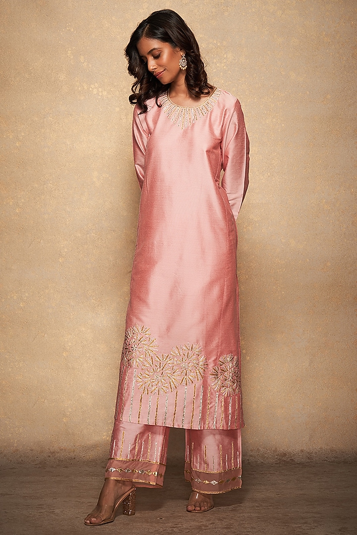 Pink Pure Chanderi Silk Straight Pants by Gulabo By Abu Sandeep