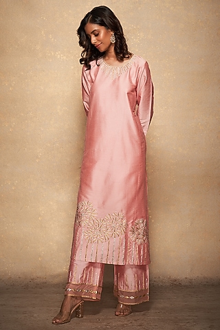 Pink Pure Chanderi Silk Straight Pants by Gulabo By Abu Sandeep