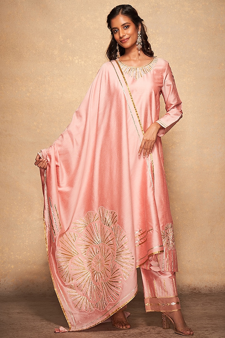 Pink Pure Chanderi Silk Gota Embroidered Dupatta by Gulabo By Abu Sandeep