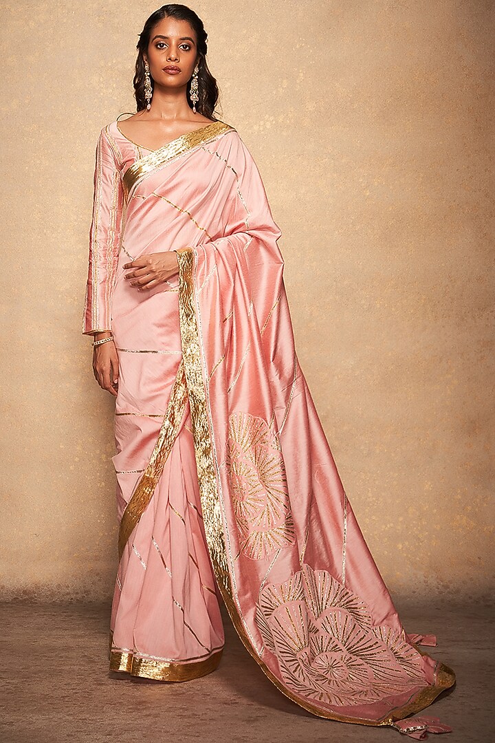Pink Pure Chanderi Silk Gota Embellished Party Wear Saree Set by Gulabo By Abu Sandeep at Pernia's Pop Up Shop