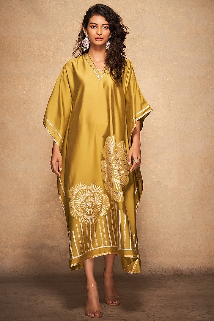 Olive Green Pure Chanderi Silk Kurta by Gulabo By Abu Sandeep at Pernia's Pop Up Shop