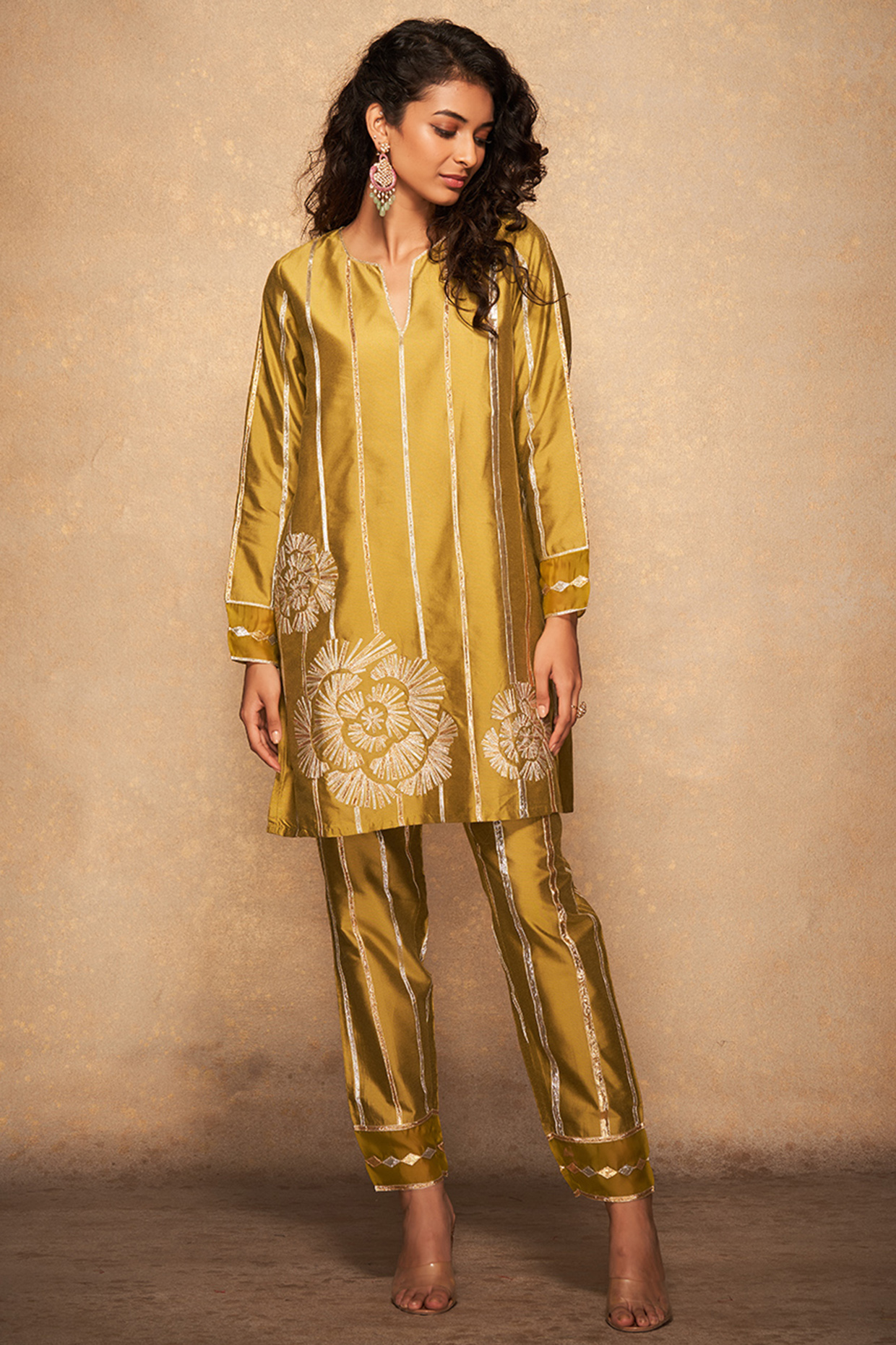 Olive Green Pure Chanderi Silk Pencil Pants by Gulabo By Abu Sandeep