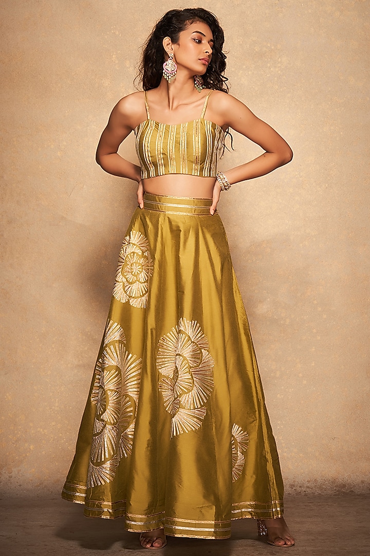 Olive Pure Chanderi Silk Embroidered Skirt by Gulabo By Abu Sandeep