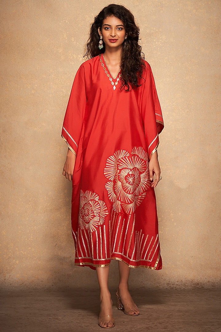 Red Pure Chanderi Silk Embroidered Kaftan by Gulabo By Abu Sandeep