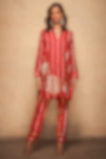 Red Pure Chanderi Silk Embroidered Pencil Pants by Gulabo By Abu Sandeep
