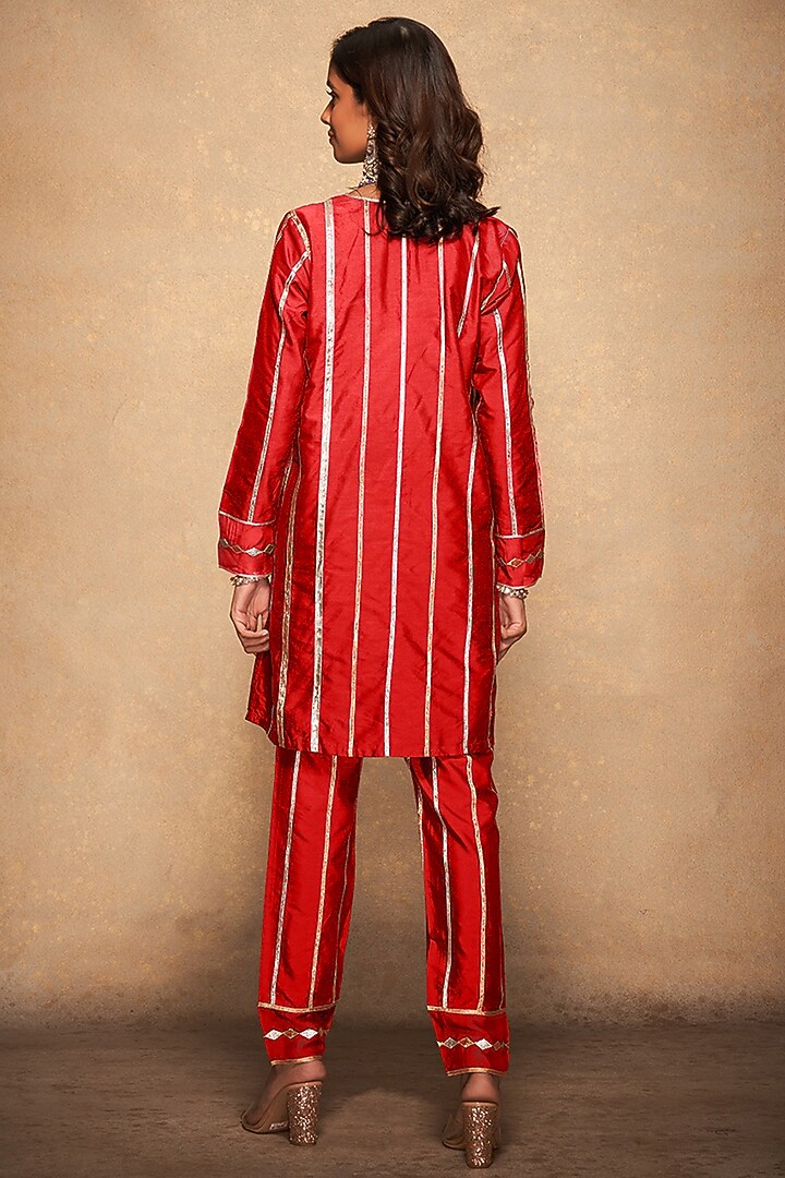 Red Pure Chanderi Silk Embroidered Pencil Pants by Gulabo By Abu Sandeep at Pernia's Pop Up Shop