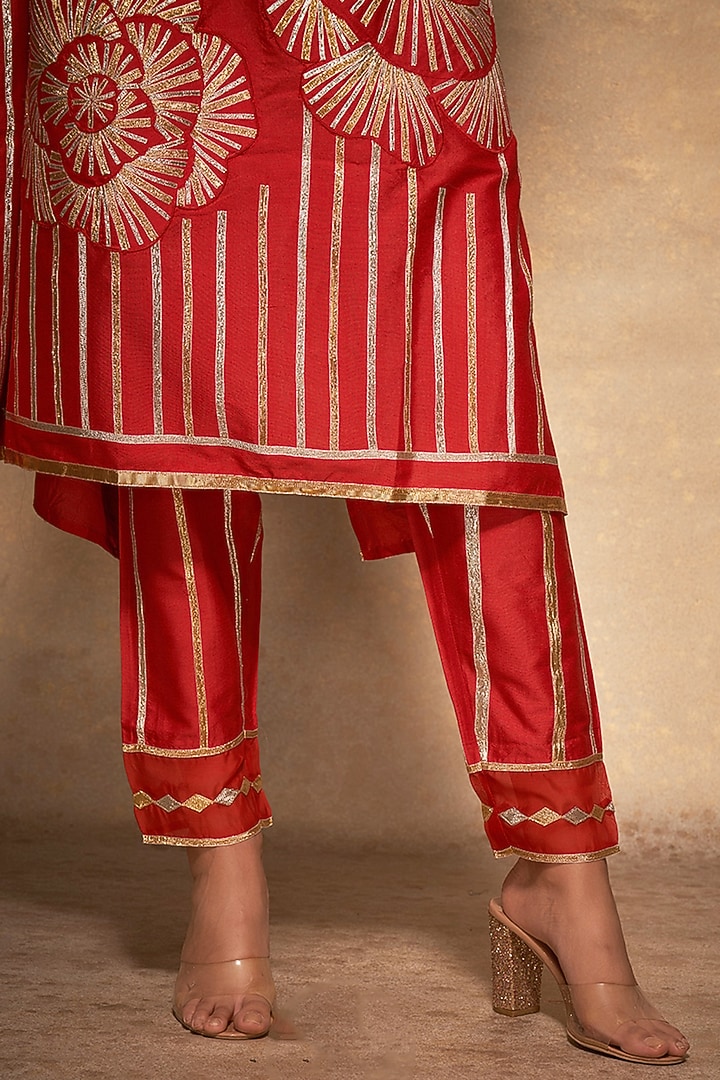 Red Pure Chanderi Silk Embroidered Pencil Pants by Gulabo By Abu Sandeep at Pernia's Pop Up Shop