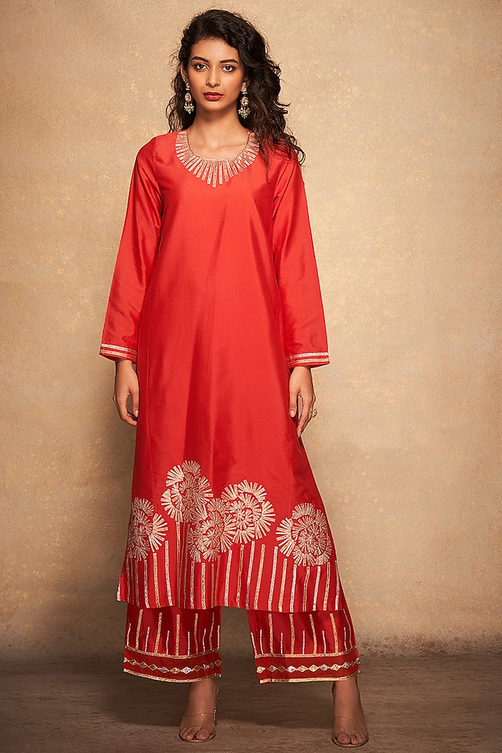 Red Pure Chanderi Silk Embroidered Straight Pants by Gulabo By Abu Sandeep