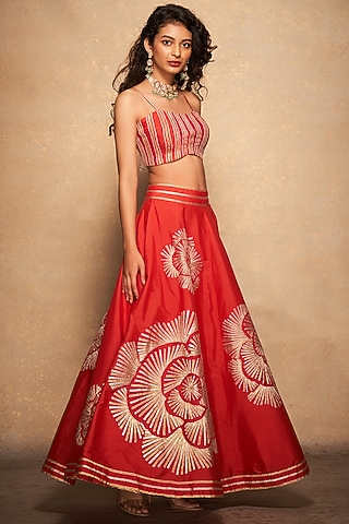 Red Pure Chanderi Silk Embroidered Bralette by Gulabo By Abu Sandeep