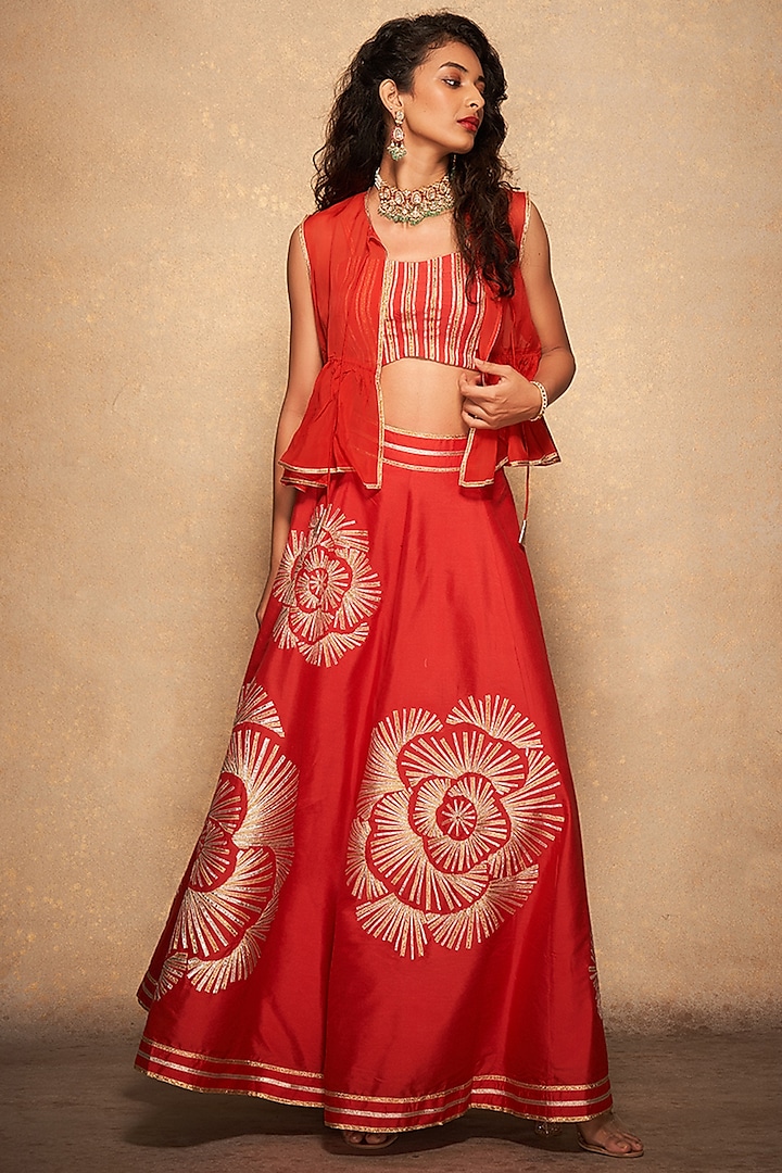 Red Pure Chanderi Silk Embroidered Short Overlay by Gulabo By Abu Sandeep