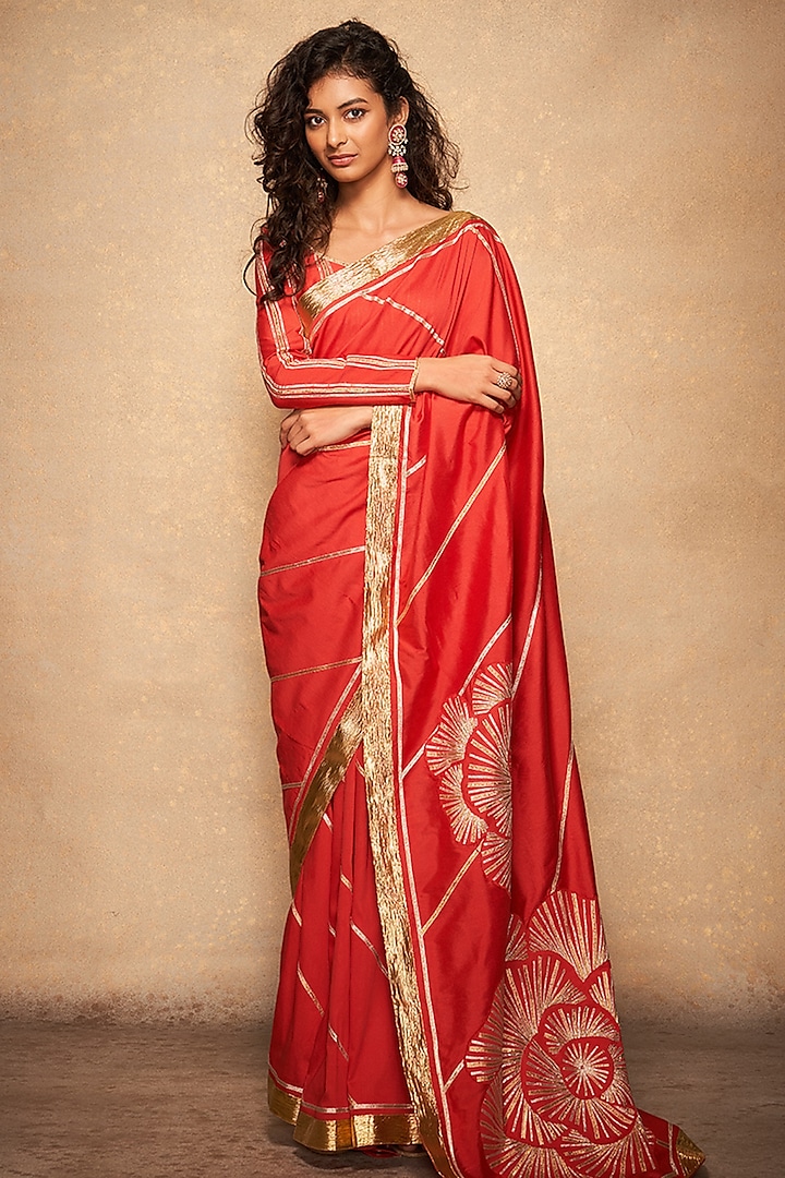 Red Pure Chanderi Silk Embroidered Saree Set by Gulabo By Abu Sandeep