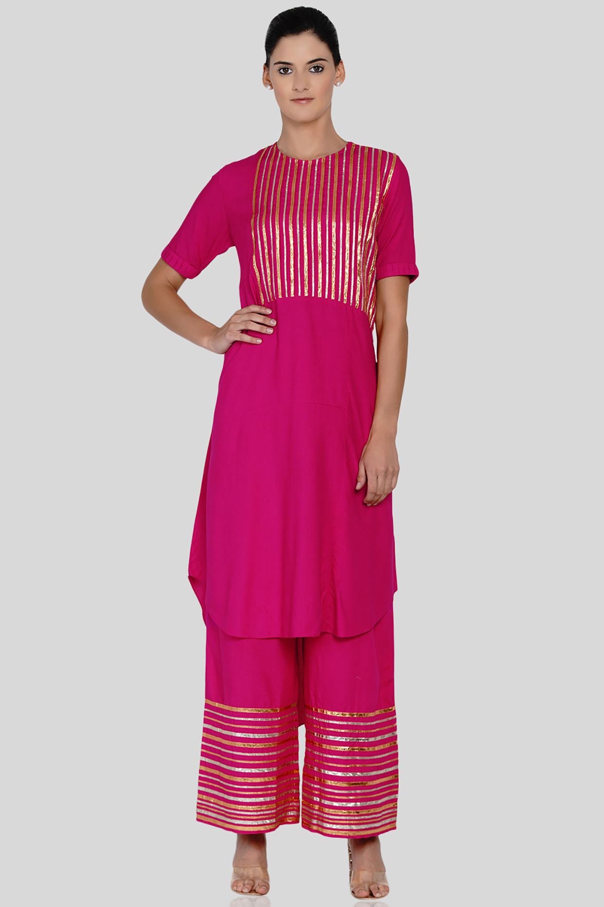 Fuchsia Gold Embroidered Kurta by Gulabo By Abu Sandeep at Pernia's Pop Up Shop
