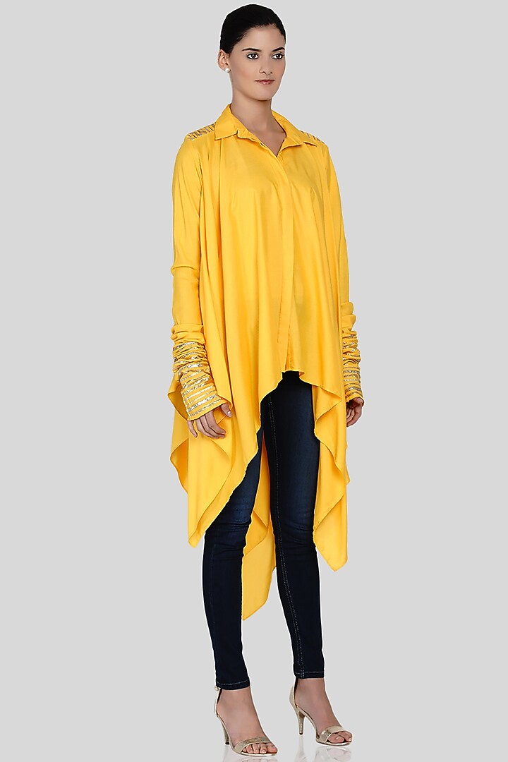 Yellow Embroidered Handkerchief Shirt by Gulabo By Abu Sandeep at Pernia's Pop Up Shop