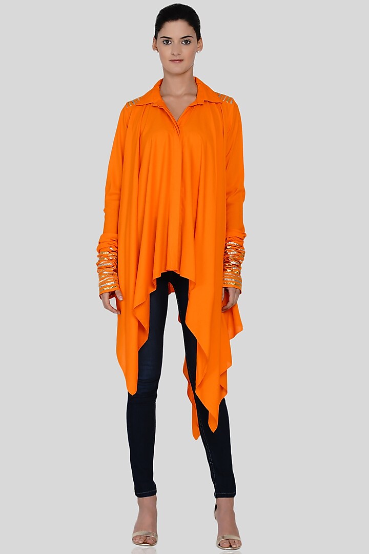 Orange Embroidered Handkerchief Shirt by Gulabo By Abu Sandeep