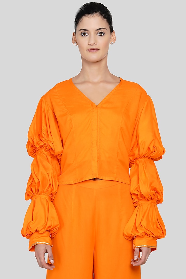 Orange Gold Embroidered Blouse by Gulabo By Abu Sandeep at Pernia's Pop Up Shop