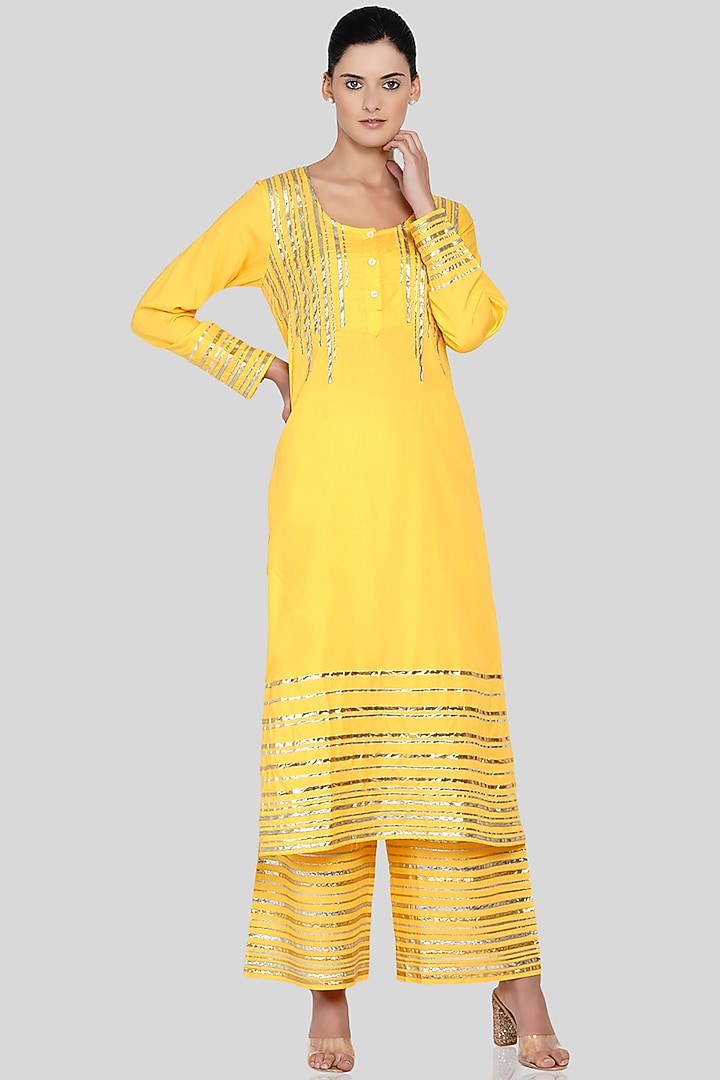 Yellow Gota Embroidered Kurta by Gulabo By Abu Sandeep at Pernia's Pop Up Shop