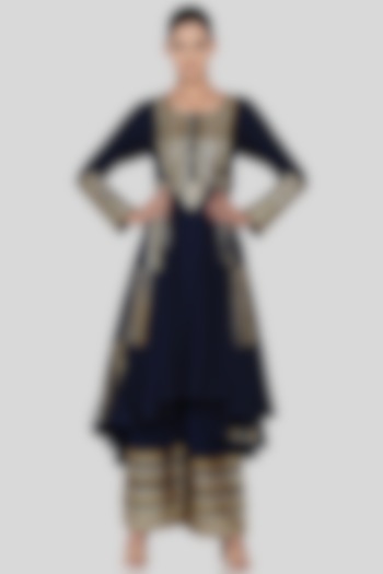Navy Blue Gold Embroidered Asymmetrical Kalidar Kurta by Gulabo By Abu Sandeep at Pernia's Pop Up Shop