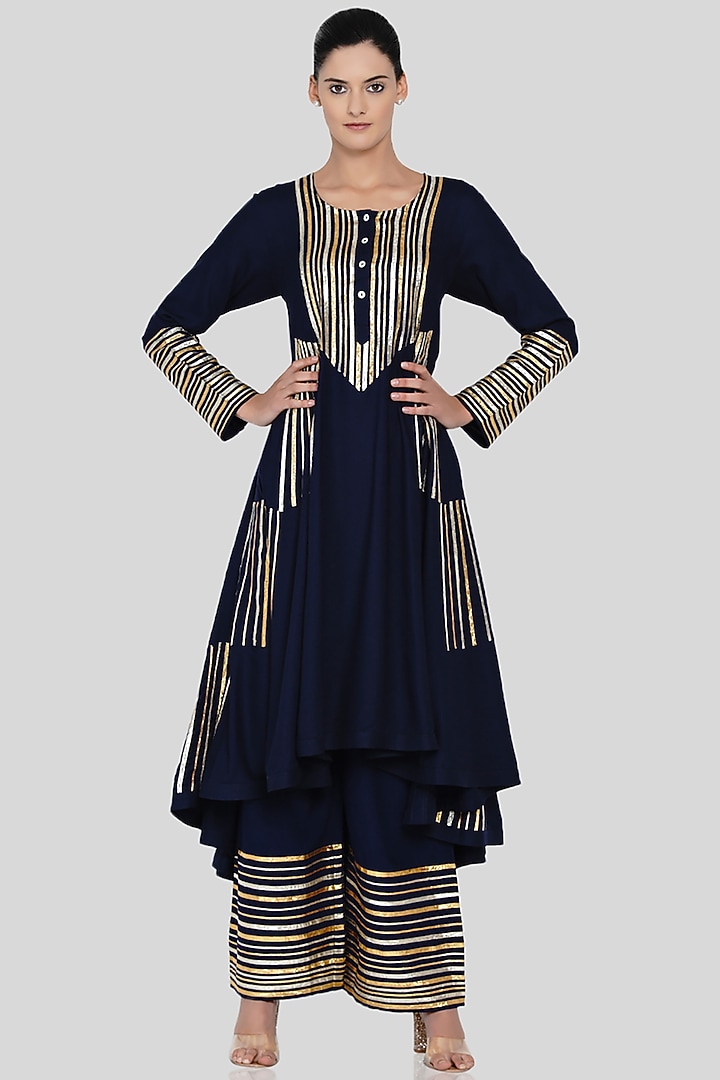 Navy Blue Gold Embroidered Asymmetrical Kalidar Kurta by Gulabo By Abu Sandeep at Pernia's Pop Up Shop