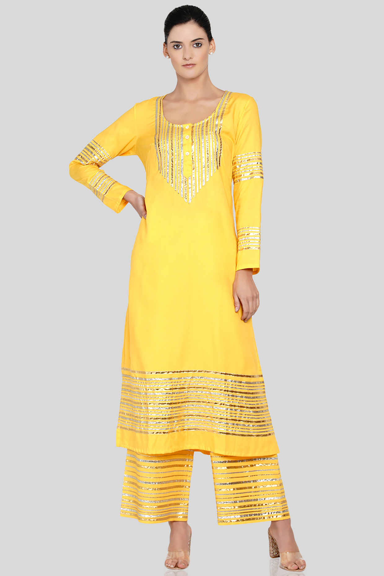 Yellow Embroidered A-Line Kurta by Gulabo By Abu Sandeep at Pernia's Pop Up Shop