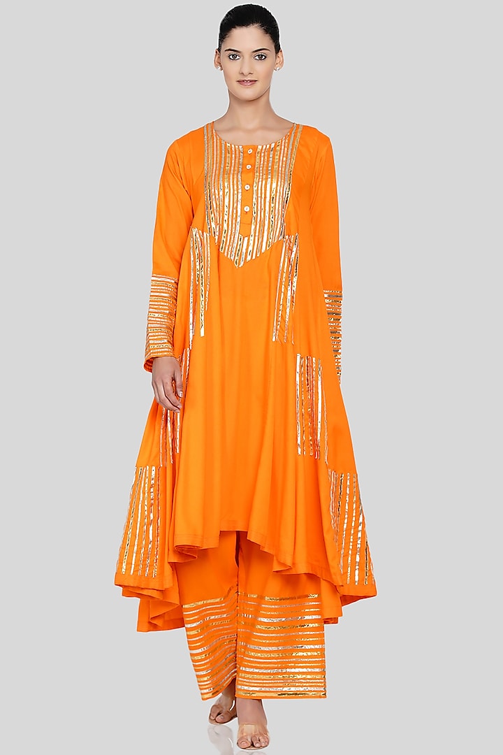 Orange Embroidered Asymmetrical  Kalidar Kurta by Gulabo By Abu Sandeep