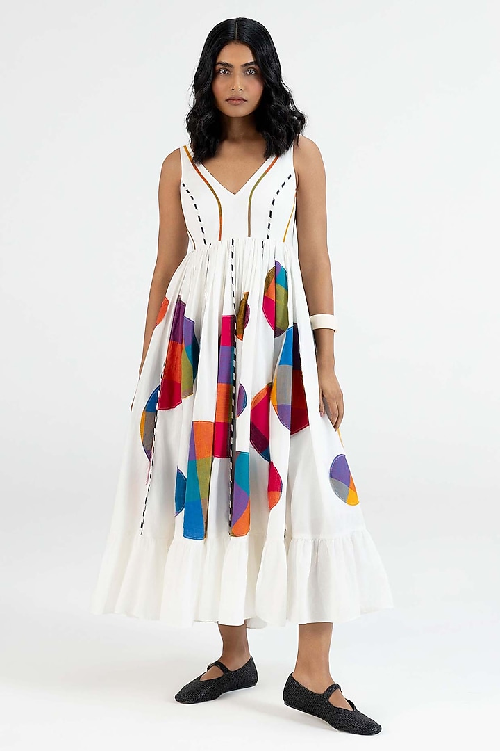 Off-White Cotton Polka Dot Printed Midi Vacation Dress by Gulabo By Abu Sandeep at Pernia's Pop Up Shop