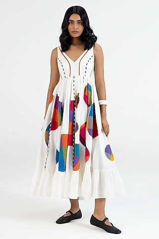 Off-White Cotton Polka Dot Printed Midi Dress by Gulabo By Abu Sandeep