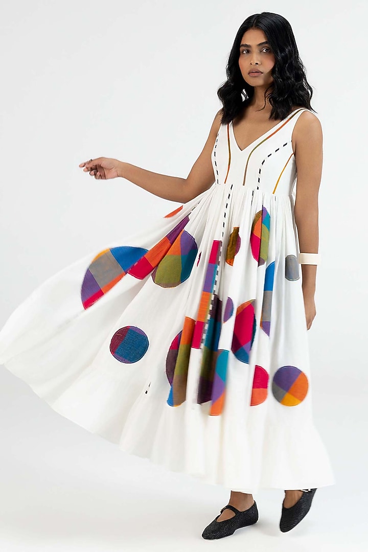 Off-White Cotton Polka Dot Printed Midi Vacation Dress by Gulabo By Abu Sandeep at Pernia's Pop Up Shop