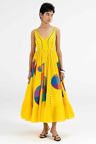 Yellow Cotton Polka Dot Printed Midi Dress by Gulabo By Abu Sandeep