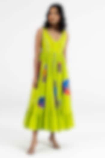 Lime Green Cotton Polka Dot Printed Midi Vacation Dress by Gulabo By Abu Sandeep at Pernia's Pop Up Shop