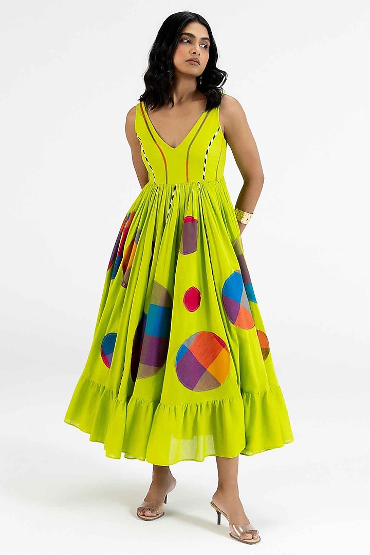 Lime Green Cotton Polka Dot Printed Midi Vacation Dress by Gulabo By Abu Sandeep at Pernia's Pop Up Shop