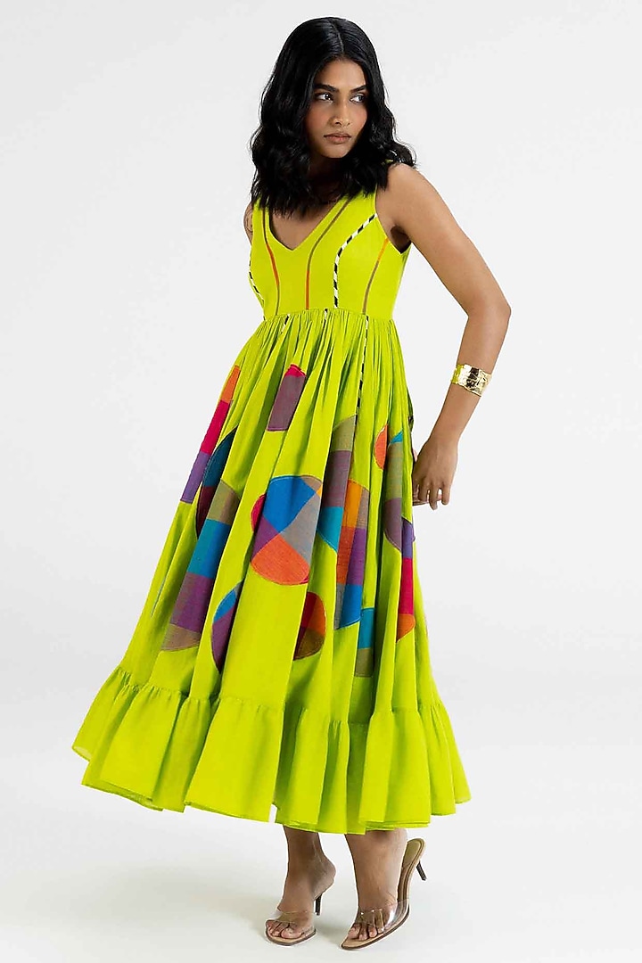 Lime Green Cotton Polka Dot Printed Midi Vacation Dress by Gulabo By Abu Sandeep at Pernia's Pop Up Shop