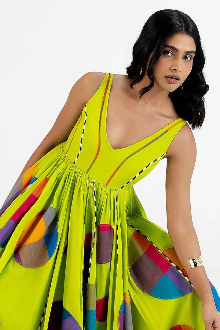 Lime Green Cotton Polka Dot Printed Midi Vacation Dress by Gulabo By Abu Sandeep at Pernia's Pop Up Shop