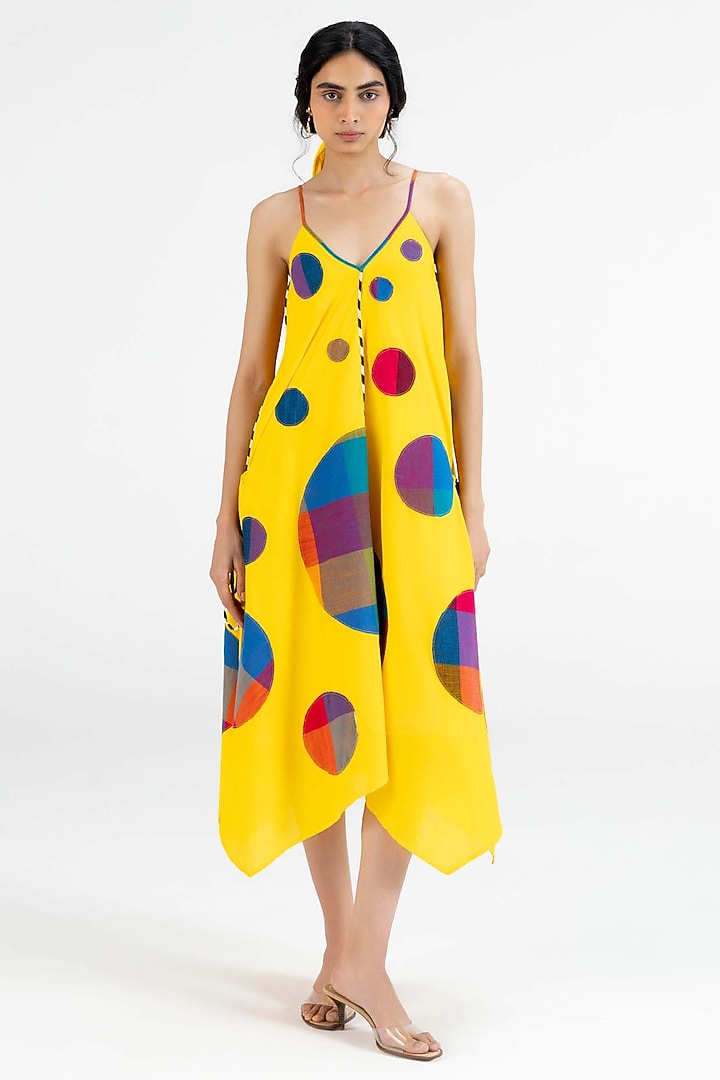 Yellow Cotton Polka Dot Printed Midi Vacation Dress by Gulabo By Abu Sandeep at Pernia's Pop Up Shop