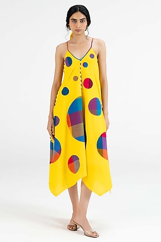 Yellow Cotton Polka Dot Printed Midi Dress by Gulabo By Abu Sandeep