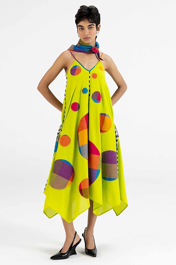 Lime Green Cotton Polka Dot Printed Midi Vacation Dress by Gulabo By Abu Sandeep at Pernia's Pop Up Shop