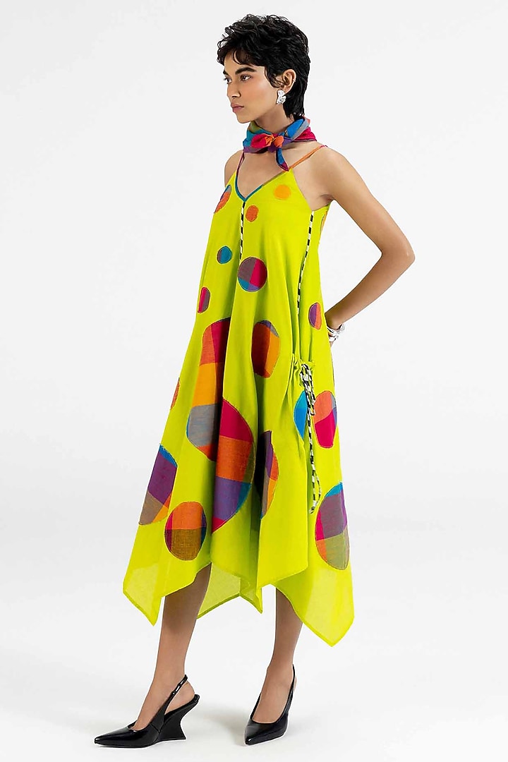 Lime Green Cotton Polka Dot Printed Midi Vacation Dress by Gulabo By Abu Sandeep at Pernia's Pop Up Shop