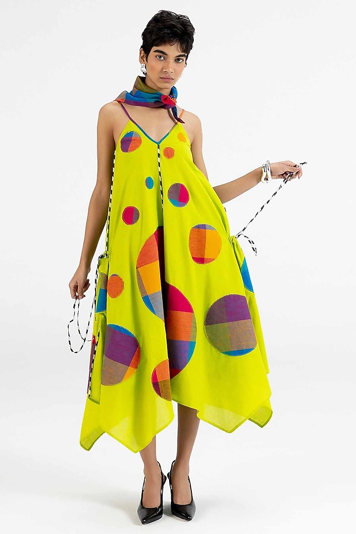 Lime Green Cotton Polka Dot Printed Midi Vacation Dress by Gulabo By Abu Sandeep at Pernia's Pop Up Shop