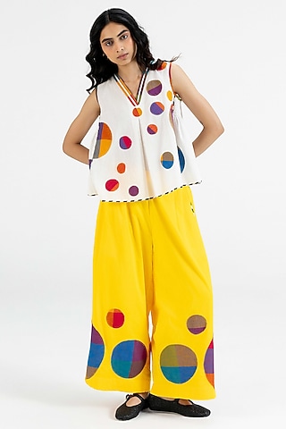 Yellow Cotton Polka Dot Printed Pants by Gulabo By Abu Sandeep