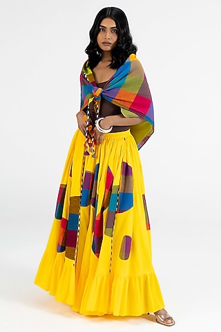 Yellow Cotton Polka Dot Printed Maxi Skirt by Gulabo By Abu Sandeep