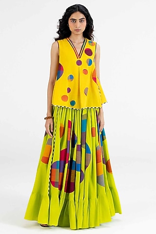 Lime Green Cotton Polka Dot Printed Maxi Skirt by Gulabo By Abu Sandeep