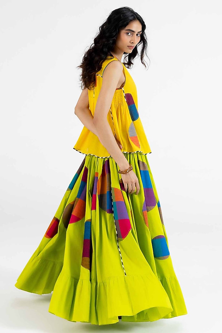 Lime Green Cotton Polka Dot Printed Maxi Skirt by Gulabo By Abu Sandeep at Pernia's Pop Up Shop