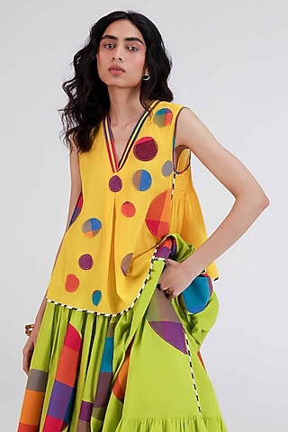 Yellow Cotton Polka Dot Printed Top by Gulabo By Abu Sandeep