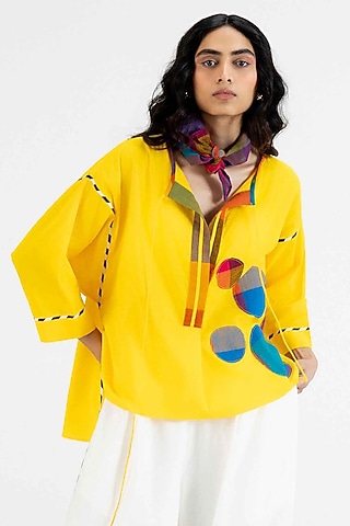Yellow Cotton Polka Dot Printed Top by Gulabo By Abu Sandeep