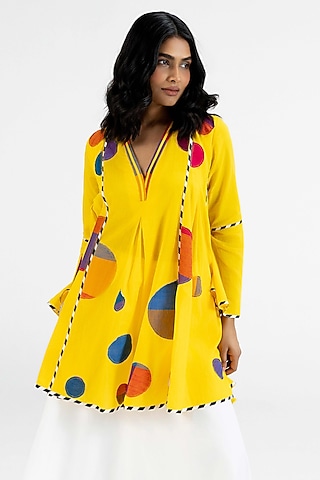 Yellow Cotton Polka Dot Printed Tunic by Gulabo By Abu Sandeep
