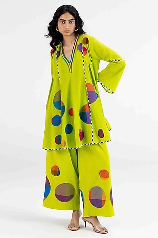 Lime Green Cotton Polka Dot Printed Tunic by Gulabo By Abu Sandeep