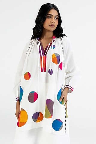 Off-White Cotton Polka Dot Printed Tunic by Gulabo By Abu Sandeep