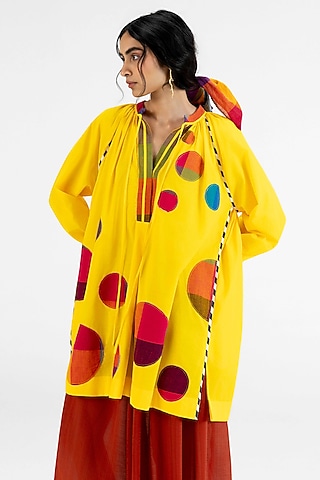 Yellow Cotton Polka Dot Printed Tunic by Gulabo By Abu Sandeep